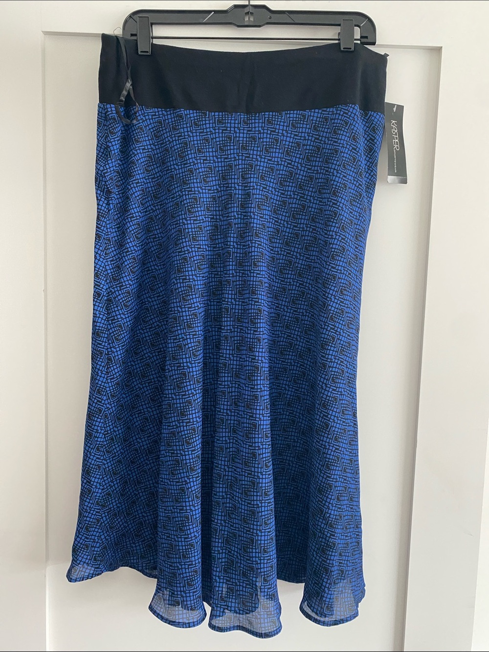 Kasper Blue Geometric A-Line Midi Skirt with Black Waistband